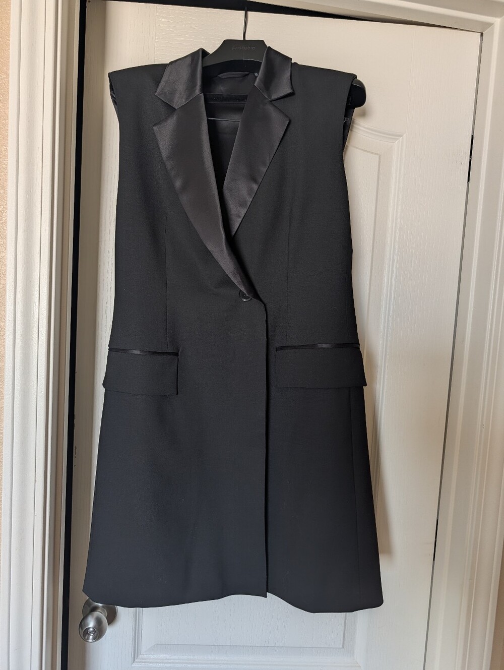 NWOT COS Satin-Panelled Wool Tuxedo Blazer Dress Sleeveless Black US 12